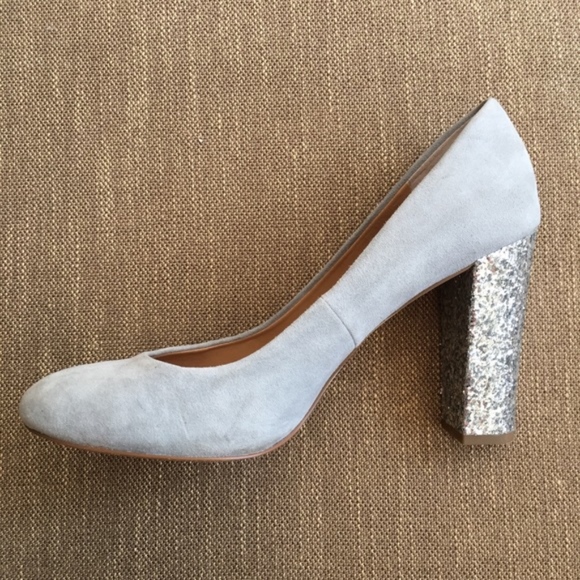 JCREW Grey Suede and Silver Sparkle Block Heel - Picture 4 of 6
